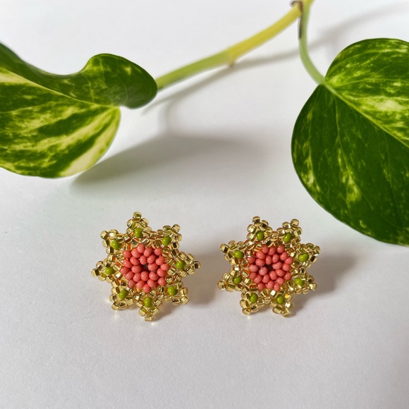 Jewelry - Gold, green and Pink Floral Earrings